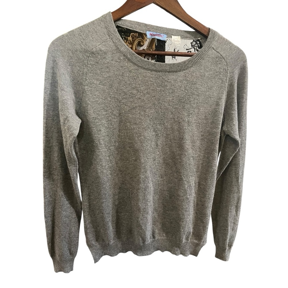 Acrobat Cashmere Cotton Blend Light Gray Sheer Black Lace Back Sweater Size XS